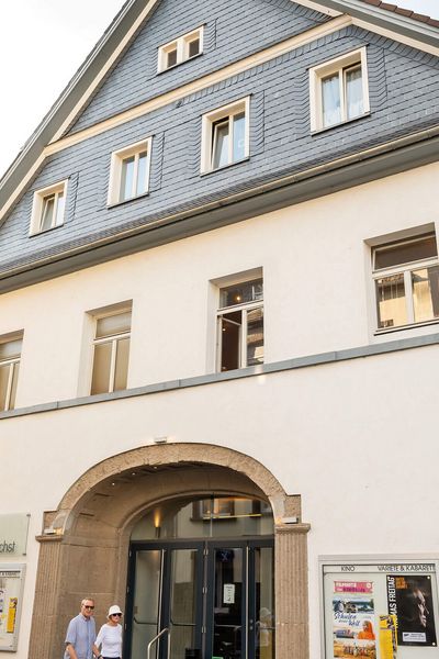 View of the historic Neues Theater Höchst building. 