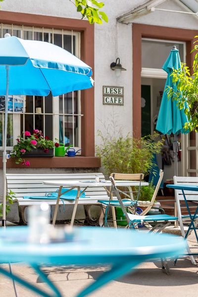 A cosy outdoor area of a reading café in Frankfurt, with blue parasols and flowering plants in a relaxed atmosphere.