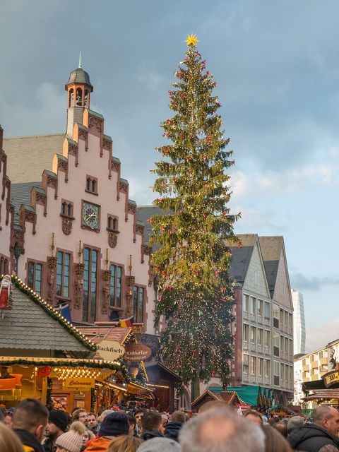 Beleuchteter Weihnachtsbaum auf dem Frankfurter Weihnachtsmarkt 2019 vor der historischen Kulisse des Römers, mit geschmückten Marktständen und Menschen im Vordergrund. Das Bild zeigt eine festliche Atmosphäre am Tag..