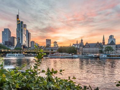 Der Main im Abendrot mit Blick auf die Skyline. 