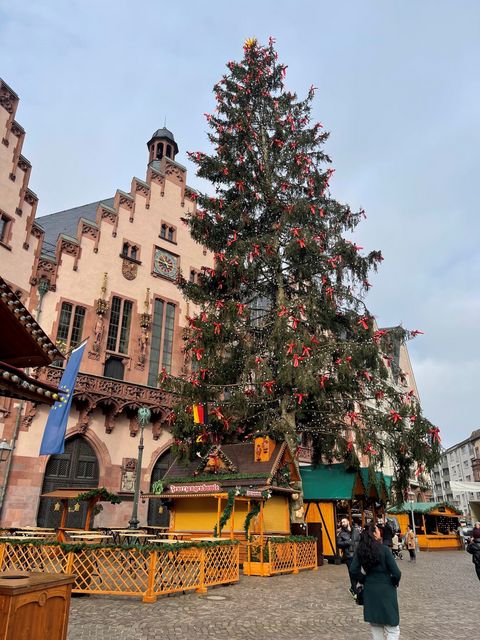 Frankfurter Weihnachtsbaum auf dem Frankfurter Weihnachtsmarkt 2021 vor der historischen Kulisse des Römers, mit geschlossenen Marktständen im Vordergrund. 