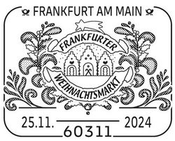 Gezeichneter Stempel auf weißem Untergrund der das Frankfurter Rathaus Römer zeigt.