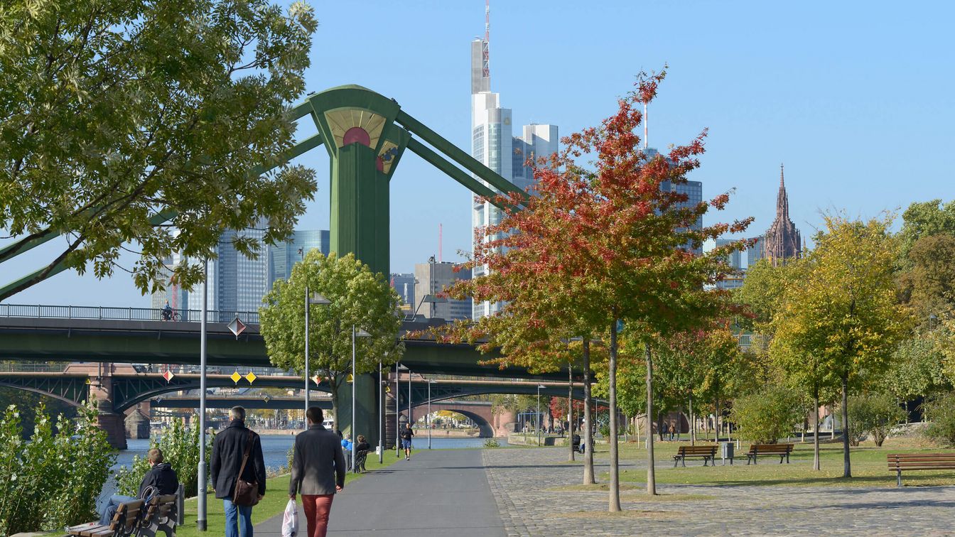 People stroll along the Main towards Flößerbrücke and the city centre, surrounded by trees in their autumn colours. 