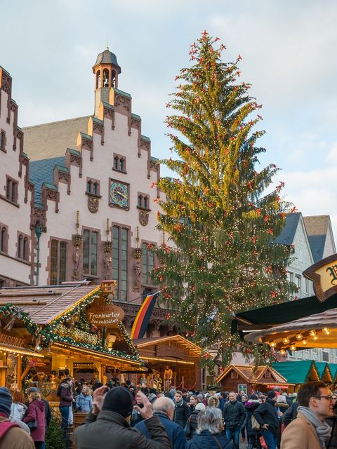 Beleuchteter Weihnachtsbaum auf dem Frankfurter Weihnachtsmarkt 2018 vor der historischen Kulisse des Römers, mit geschmückten Marktständen und vielen Menschen im Vordergrund. Das Bild zeigt eine festliche Atmosphäre am Tag..