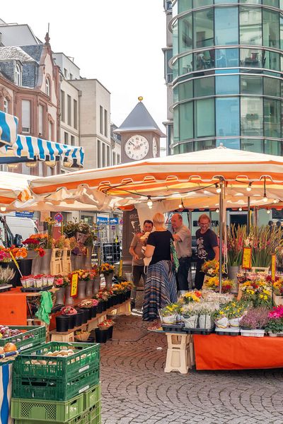 Market stalls with fresh food and flowers, customers browse and shop.